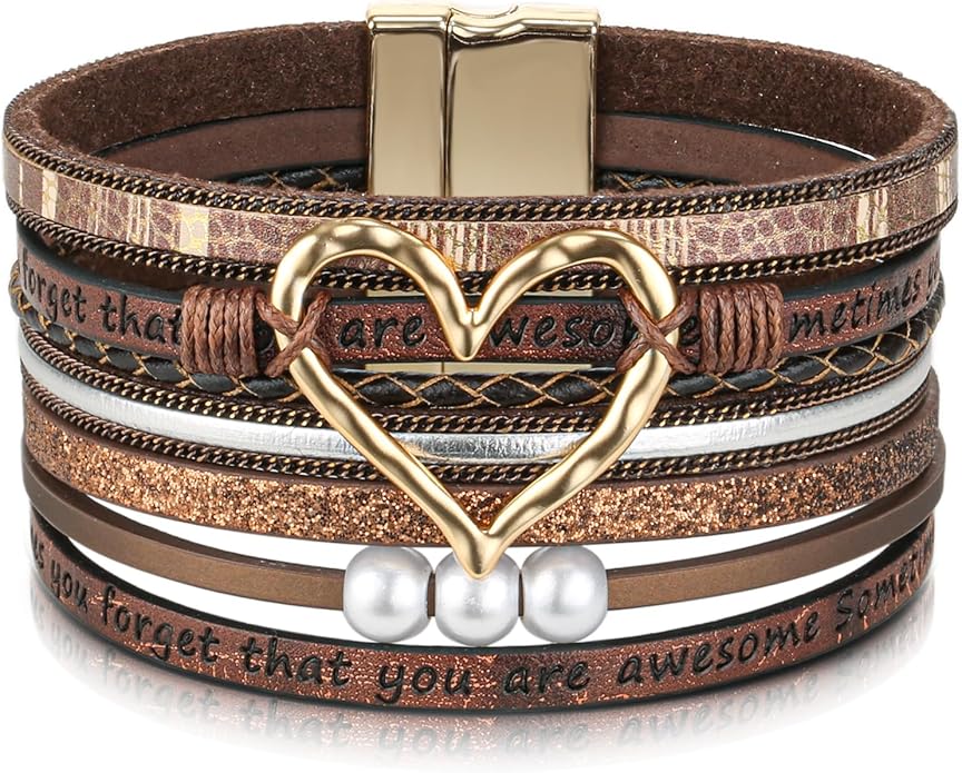 Desimtion Boho Layered Leather Wrap Inspirational Bracelets for Women, Sometimes You Forget Your Awesome Gifts for Women, Teen Girl Gifts Trendy Stuff, Christmas Jewelry for Women Girls