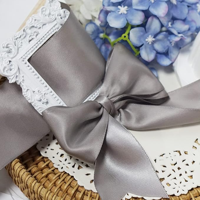 LEEQE Double Face Silver Satin Ribbon 2 inch X 25 Yards Polyester Silver Ribbon for Gift Wrapping Very Suitable for Weddings Party Invitation Decorations and More