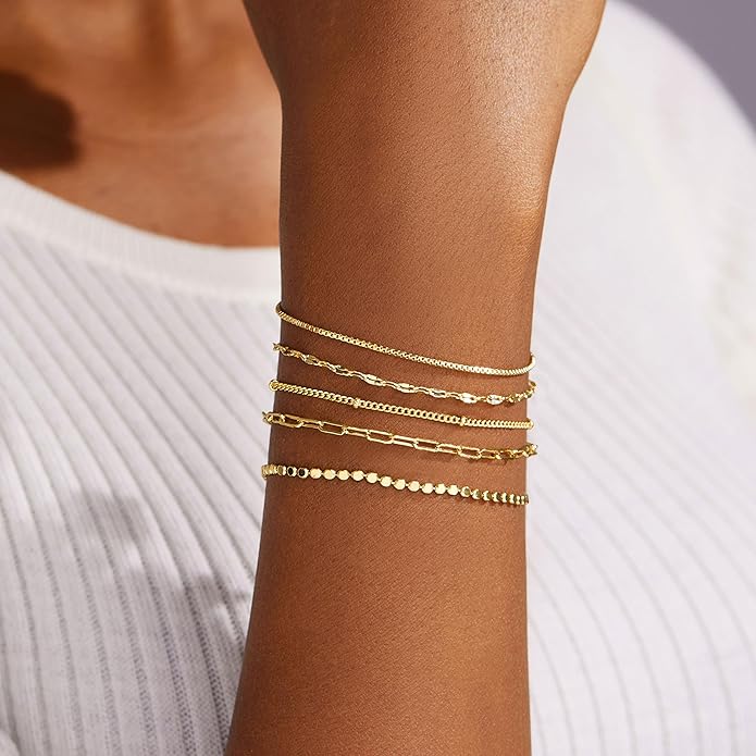 Gold Bracelets for Women Trendy,14K Gold Plated Dainty Stackable Paperclip Cuban Link Chain Bracelets, Simple Cute Cuff Bracelets Jewelry Set Adjustable 7"+2"