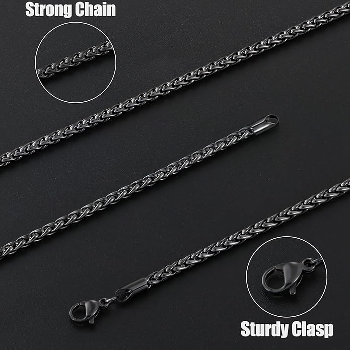 Fiusem Wheat Chains for Men and Women, 2/2.5/3/4/5mm Silver Tone/14K Gold Plated/Black Necklace Chain, Stainless Steel Mens Necklace 16-28 Inch