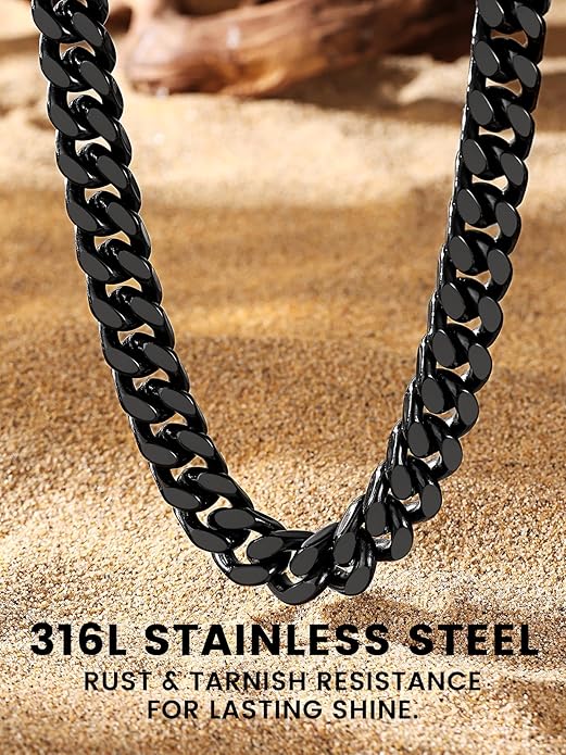 Bestyle Thick Stainless Steel Mens Cuban Link Chain, Black/Gold Chain for Men, No Tarnish & Durable Men Chain Necklace, 5/7/9/12mm Wide, 18"-30" Long, Gift Package