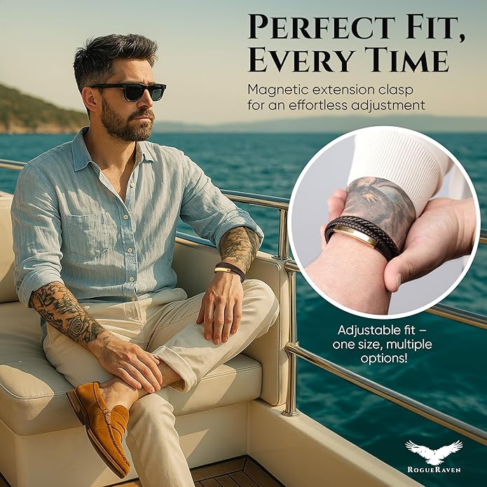 RogueRaven Black Leather Bracelet for Men – Premium Collection – Brown Black Gold Silver | Genuine Leather Mens Bracelet with Stainless Steel Clasp [Adjustable] | In Luxury Gift Box