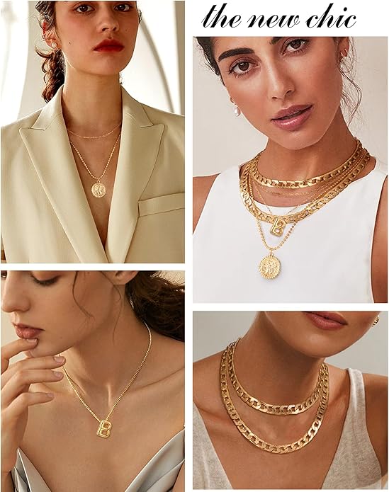 MJartoria Layered Necklaces for Women Trendy Balloon Initial Coin Pendant Necklace Dainty Chunky Chain Choker Necklaces Jewelry Birthday Gifts