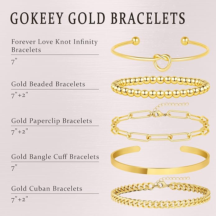 Gold Bracelets for Women Non Tarnish, 14K Gold Plated Chunky Cuff Bracelet Gold Bangles Bracelet for Women Trendy Tie Knot Cuban Rope Paperclip Beaded Bracelet Stack Jewelry Gifts