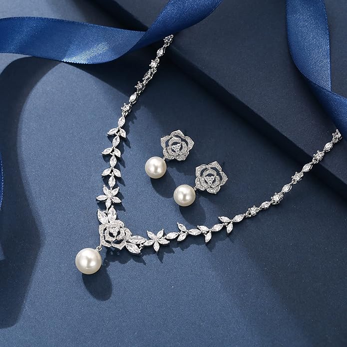 EleQueen Women's Simulated Pearl Wedding Jewelry Set, Cubic Zirconia Marquise Floral Bridal Necklace Earrings Bracelet Sets