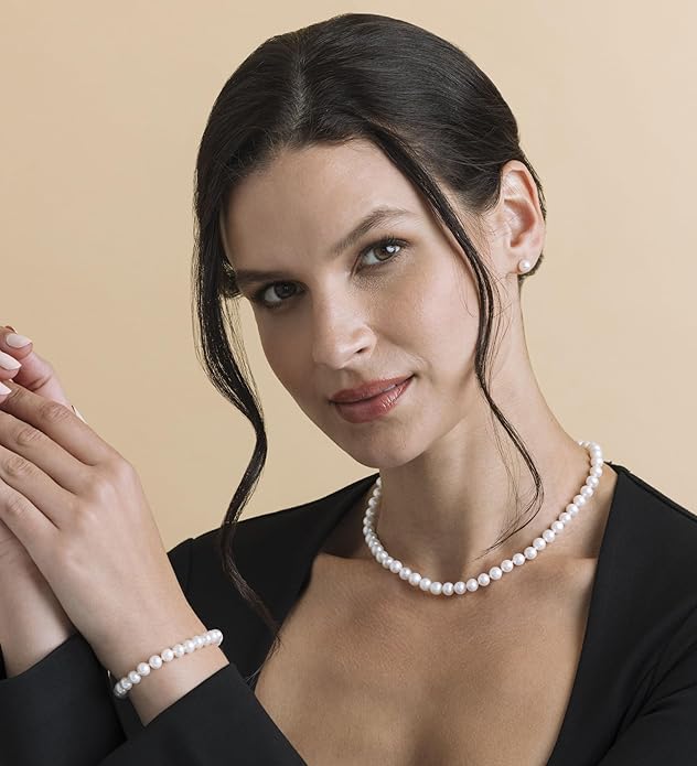 The Pearl Source Real Pearl Necklace for Women with AAA+ Quality Round White Freshwater Genuine Cultured Pearls | Pearl Strand with 14K Gold Plated Sterling Silver Clasp