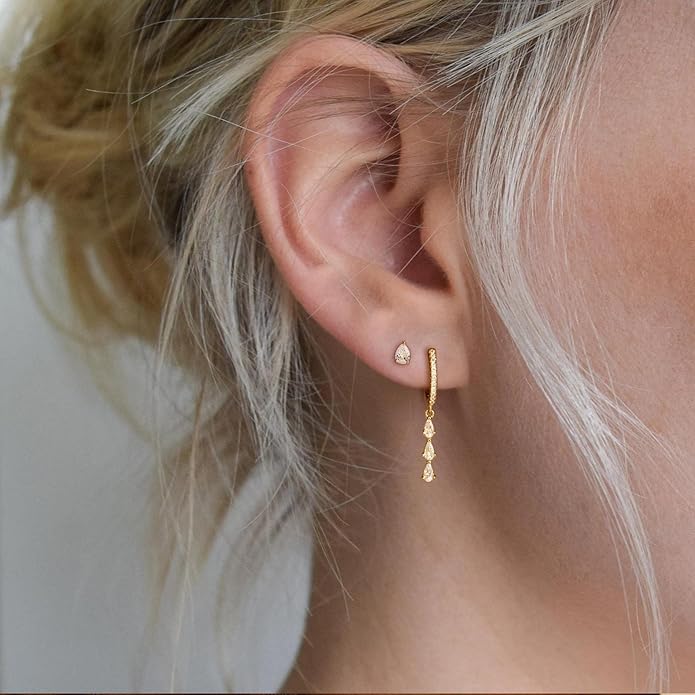 2 Pairs Gold Huggie Hoop Earrings for Women 14k Gold Plated Diamond Stud Earrings Set Drop Dangle Hypoallergenic Cubic Zirconia Flat Back Earring Gold Jewelry for Women Gift