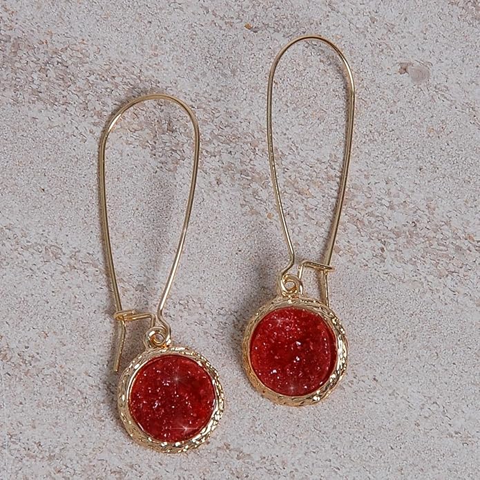 Simulated Druzy Threader Drop Earrings for Women - Gold, Silver, or Rose Gold Tone Trendy Boho Dangles with Sparkly Round Stone