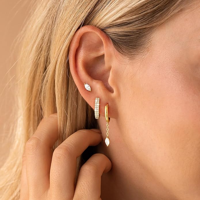 3 Pairs Earrings Set for Multiple Piercings, Gold Plated Studs Hoop Earrings Stack, CZ Dangle Earrings Set, Hypoallergenic for Sensitive Ears, Women's Gift
