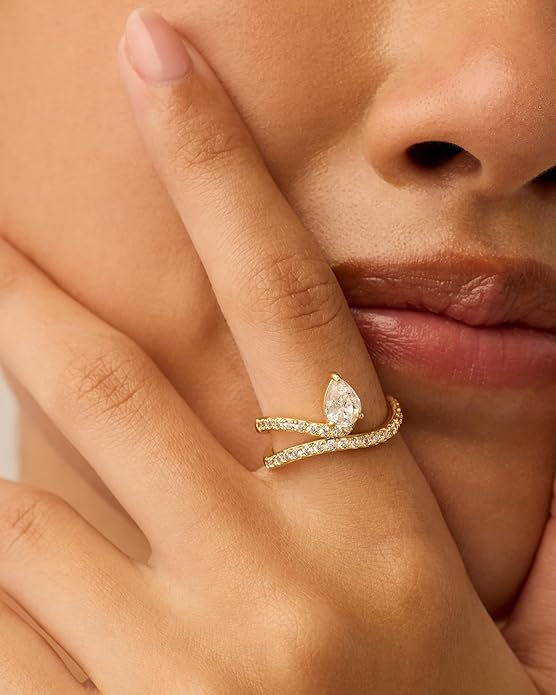 PAVOI 14K Gold Plated Wavy Engagement Ring for Women | Solitaire Cubic Zirconia Wedding Band & Promise Rings for Her | Trendy Fashion Jewelry
