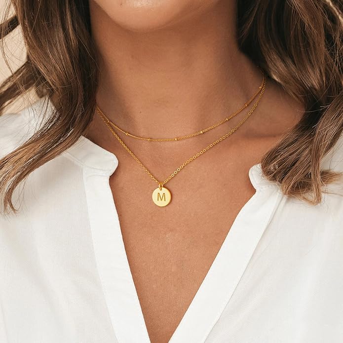 Initial Layered Necklaces for Women, 14K-Gold-Plated Coin Letter Necklace Bar Stacking Layer Necklace Multi Bar Layering Y-Necklaces Jewelry for Women
