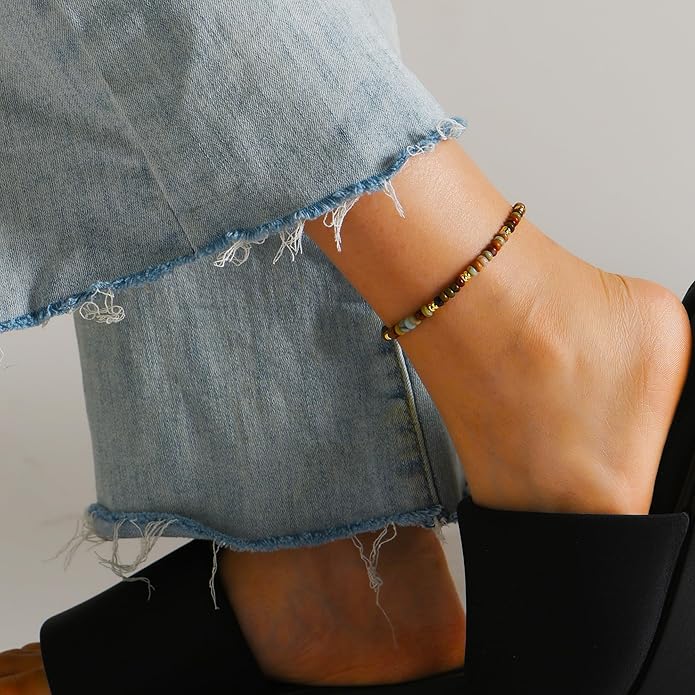 Natural Stone Beaded Anklets Bracelets for Women Handmade Beaded Anklet Bracelet Waterproof Boho Beads Ankle Bracelet Adjustable Summer Jewelry
