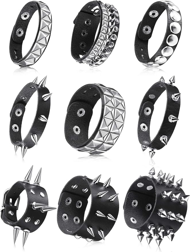 Hicarer 9 Pieces Spiked Studded Bracelet Black Leather Rivet Punk Bracelet Cuff Wrap Bangle Snap Button Metal Wristband for Men Women