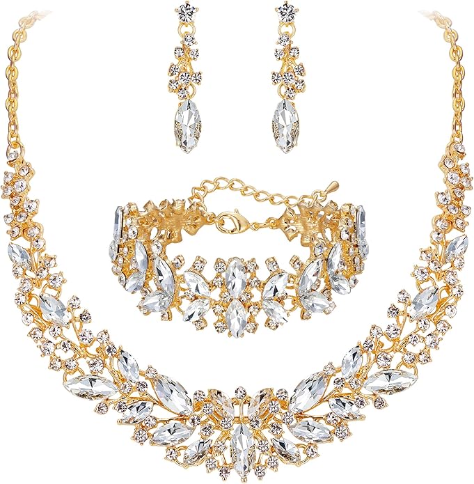 BriLove Women's Wedding Bridal Austrian Crystal Marquise Cluster Collar Necklace Dangle Earrings Set