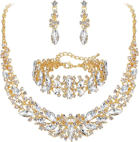 BriLove Women's Wedding Bridal Austrian Crystal Marquise Cluster Collar Necklace Dangle Earrings Set
