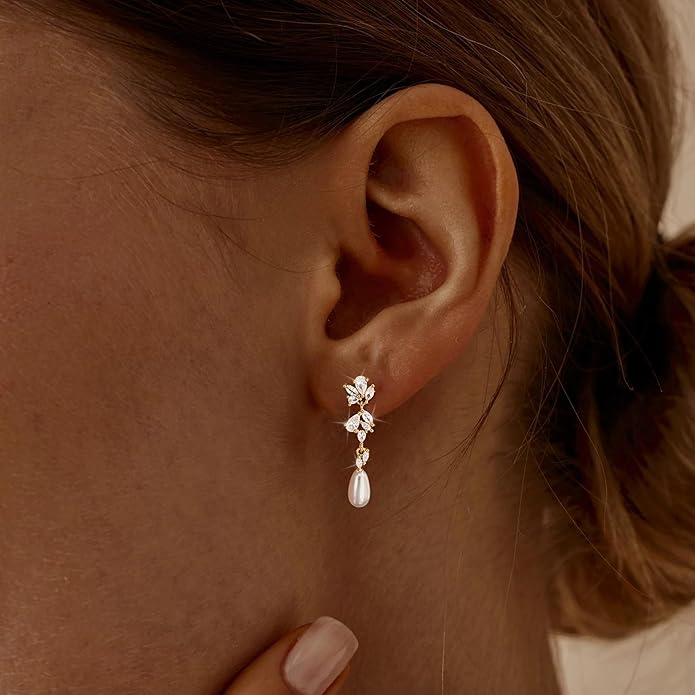 Gold Earrings for Women,Dainty 14k Gold Plated Pearl Drop Earring Dangle Pearl Dangling Earrings for Women Trendy Small Cute Wedding CZ Earring Long Chain Threader Prom Jewelry Gifts