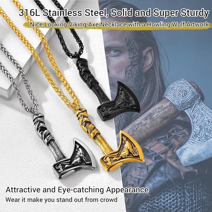 PROSTEEL Norse Viking Jewelry for Men Women, Vintage Thor Hammer/Thor Axe/Raven/Odin Necklace, 316L Stainless Steel Pendant Chain, Come with Box
