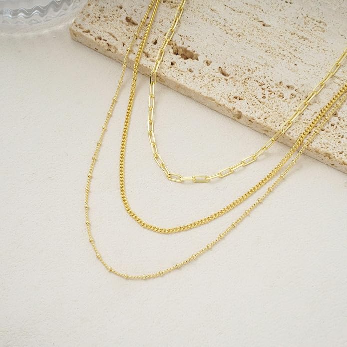 Layered Gold Necklace for Women Dainty 14K Gold/Silver Plated Stacked Necklace for Women Trendy Cuban Paperclip Herringbone Chain Diamond Pendant Necklaces Jewelry Set Accessories Gift