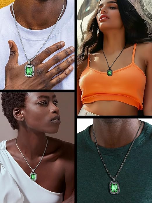 ChainsHouse Viking Rune Pendant Necklace for Men Women, Punk Biker Black Metal/316L Stainless Steel Onyx Norse Vintage Amulet Necklaces with Black/Red/Green/Blue Gemstone, Send Gift Box