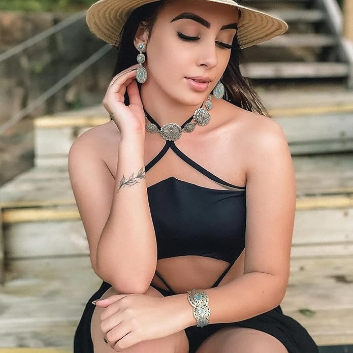 3 Pcs Western Concho Costume Jewelry Set for Women Western Dangle Earrings Boho Choker Necklace Bohemian Cuff Bracelet Cowboy Chic Country Concert Outfits for Women Christmas Jewelry Gift