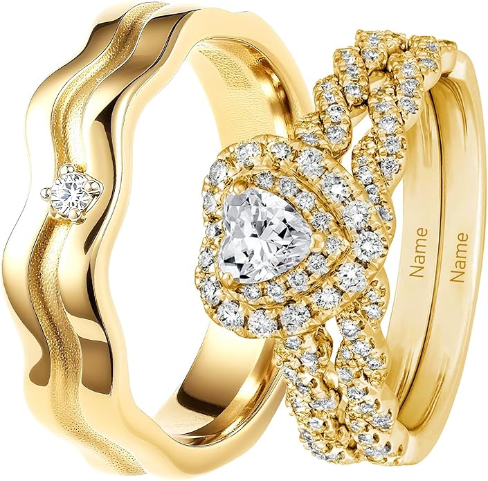 Rikelus Moissanite Engagement Ring Sets for Couples,10K 14K 18K Solid Gold Heart/Princess/Round Cut Bridal Ring Sets,Customized Matching Wedding Bands Set for Men and Women Free Engraving