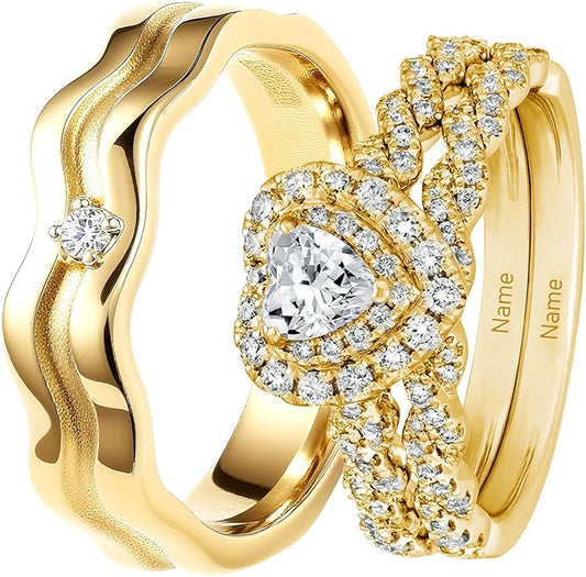 Rikelus Moissanite Engagement Ring Sets for Couples,10K 14K 18K Solid Gold Heart/Princess/Round Cut Bridal Ring Sets,Customized Matching Wedding Bands Set for Men and Women Free Engraving