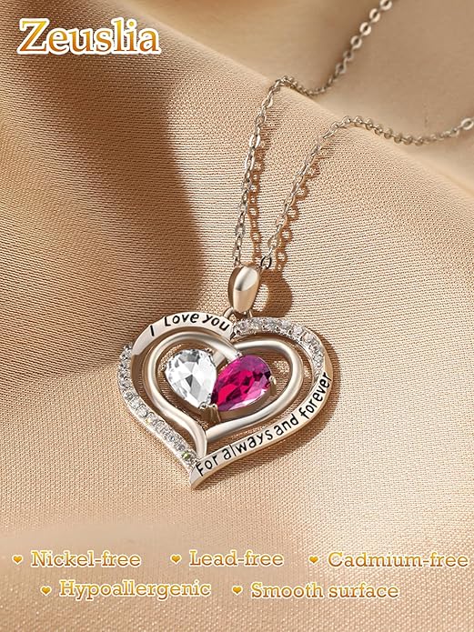 Zeuslia Double Birthstone Necklace Gifts for Wife - 925 Sterling Silver Sunflower/Rose/Crown Cross/Compass/Heart Pendant I Love You Necklace, Anniversary Birthday Gifts for Wife Girlfriend Mom Her