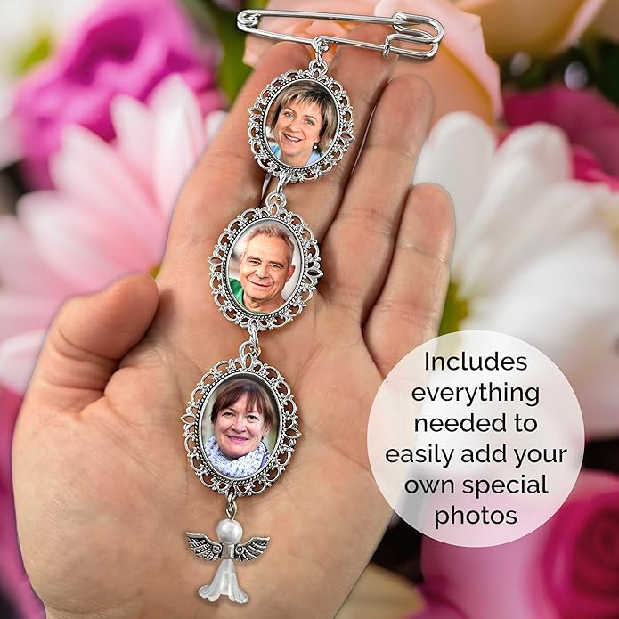 Wedding Boutonniere Angel Photo Charm Pin Brooch Cascading Triple Frame for Mother of Bride or Groom or Flower Bouquet