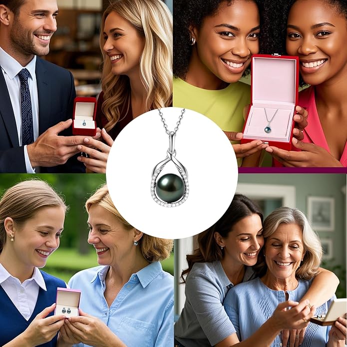 Genuine Tahitian Black Pearl Necklace for Women, 9-11mm AAAA Seawater Pearl with Sterling Silver Moissanite Pendant, Jewelry Gift for Wife, Mom, Girlfriend, Wedding Anniversary, Birthday, Christmas