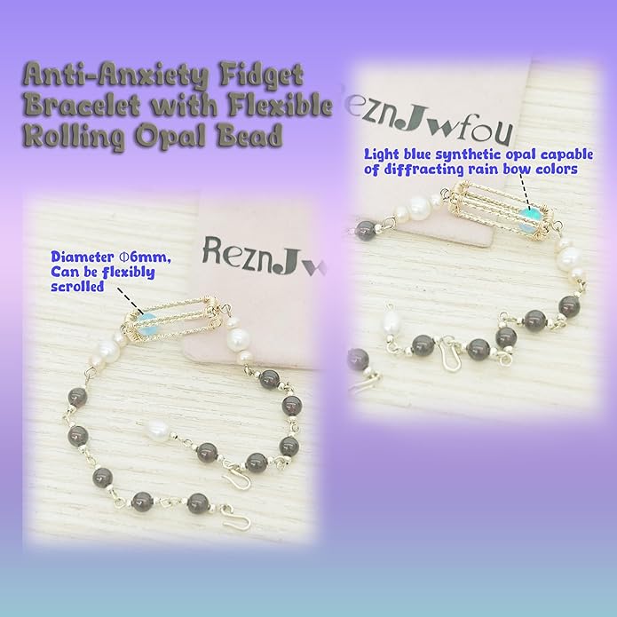 Fidget Bracelet for Anxiety with Rolling Lab Opal, Freshwater Pearl & Natural Garnet, Handmade 14K Gold-Plated Brass Chain, Dainty Fashion Jewelry (Adjustable Dual Hook)