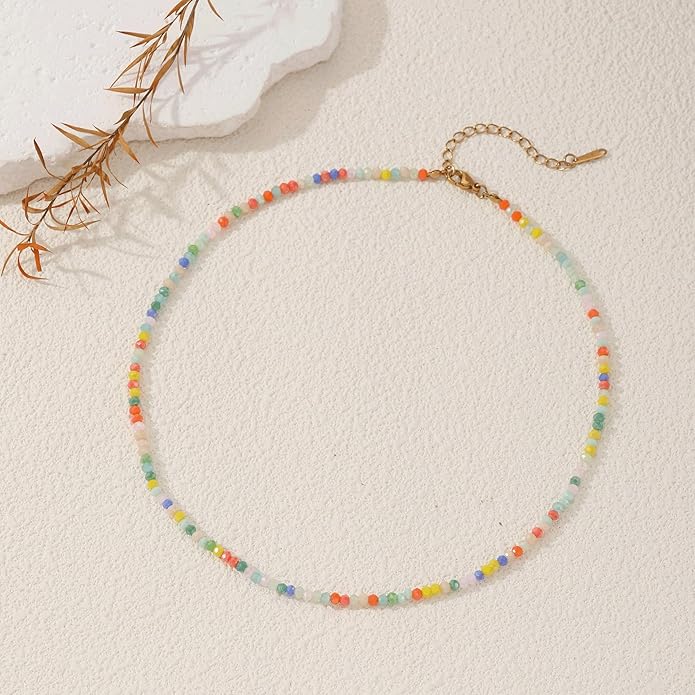 JSJOY Tiny Crystal Beaded Choker Necklaces for Women Colorful Beaded Necklace Dainty Choker Necklaces Simple Boho Jewelry Gifts for Teens Handmade Bead Necklaces Gifts