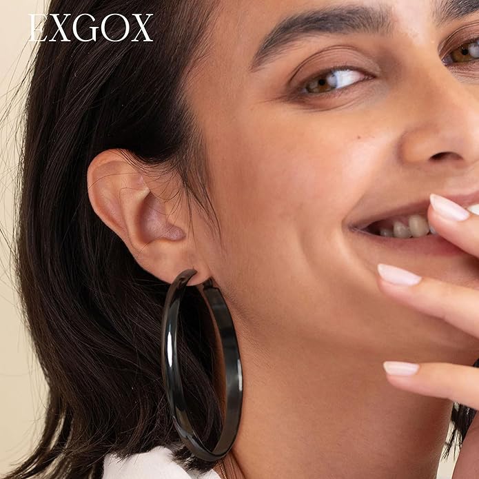 EXGOX 5mm Wide Gold Hoop Earrings for Women,Sterling Silver Hoop Earrings Large Silver Hoop Earrings Hypoallergenic Lightweight 14K Real Gold Plated Big Hoop Earrings for Women 30/40/50/60/70mm