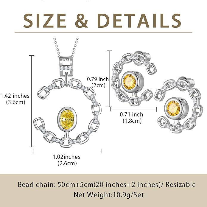 Ydou Elegant C-Shaped Crystal Necklaces/Stud Earrings Set with Birthstone Jewelry Set Silver Plated Fashion Jewelry for Women CS0003