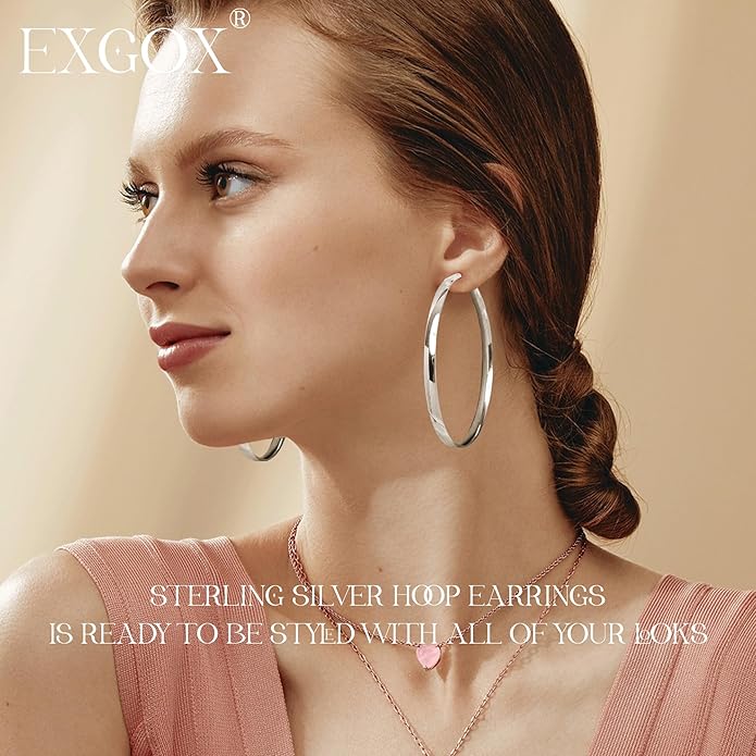 EXGOX 5mm Wide Gold Hoop Earrings for Women,Sterling Silver Hoop Earrings Large Silver Hoop Earrings Hypoallergenic Lightweight 14K Real Gold Plated Big Hoop Earrings for Women 30/40/50/60/70mm