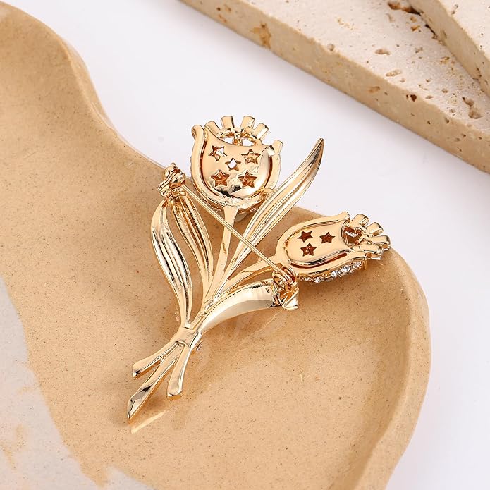 DONABUS Crystal Brooch Vintage Floral Gold Pin Micro Pave Daisy/Tulip Rhinestone Embellishment for Women Holiday styles.