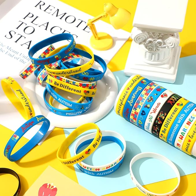 JUNEBRUSHS 64pcs Autism Awareness Wristband Silicone Bracelets Bulk Puzzle Inspirational Rubber Bracelet for Autism Awareness Birthday Decoration Party Favor Gift Supplies