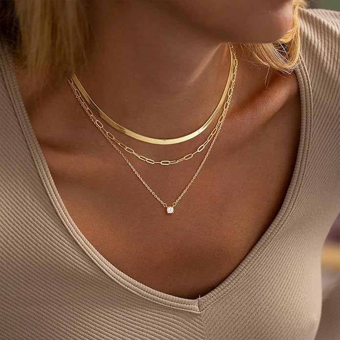 Layered Gold Necklace for Women Dainty 14K Gold/Silver Plated Stacked Necklace for Women Trendy Cuban Paperclip Herringbone Chain Diamond Pendant Necklaces Jewelry Set Accessories Gift