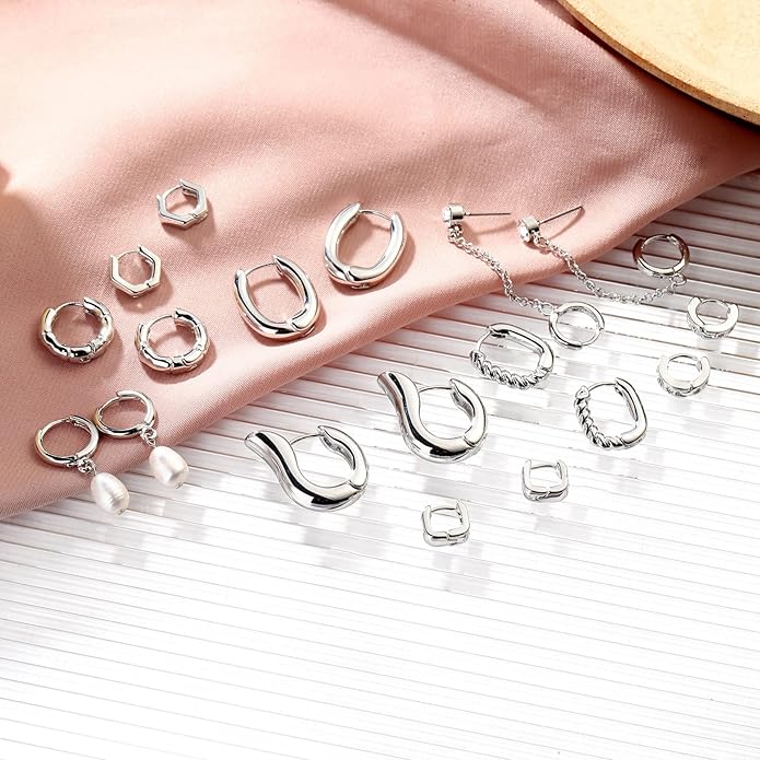 9 Pairs Gold Chunky Hoop Earrings Set for Women, 14K Gold Plated Twisted Huggie Hoop Earring Hypoallergenic, Lightweight Thick Open Hoops Earrings Jewelry Gifts.