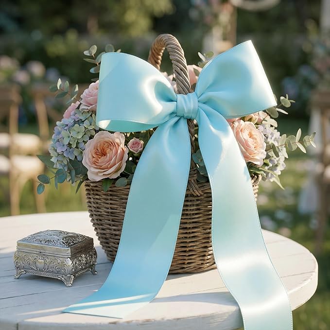 LEEQE Lt.Blue Satin Ribbon 3 inch X 15 Yards Polyester Ribbon for Gift Wrapping Very Suitable for Weddings Party Hair Bow Invitation Decorations and More