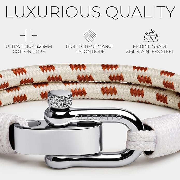 Elegatto Duetto Platinum Rope Bracelet for Men | Double Nautical Nylon Cord with Silver Polished Stainless Steel Shackle Clasp | Waterproof and Fade-Resistant