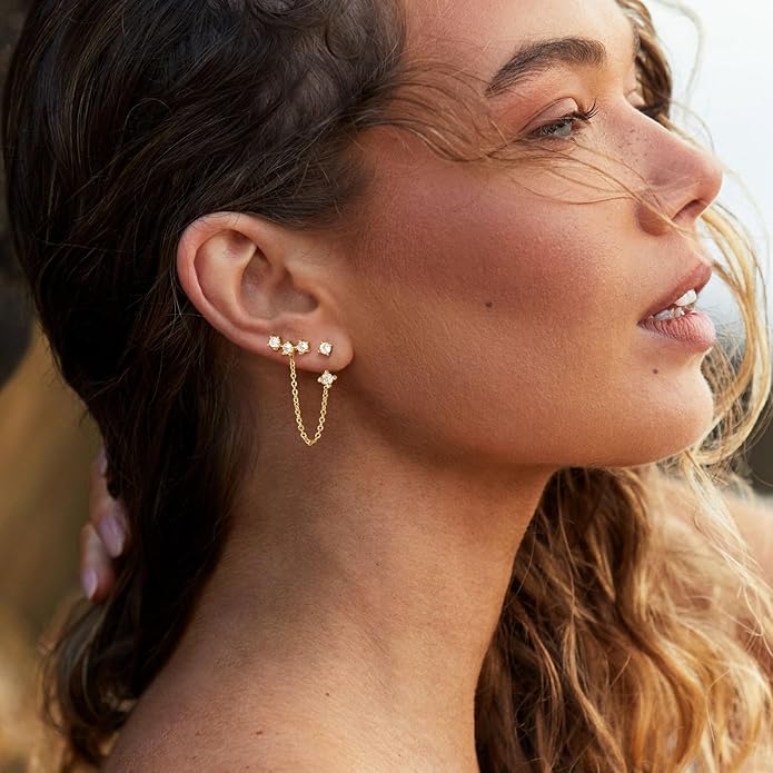 Freekiss Gold Chain Studs Earrings for Women Trendy: Hypoallergenic 14K Gold Plated Dangle Earrings Dainty Small Long Chain Earring Set Fashion Gold Jewelry for Women