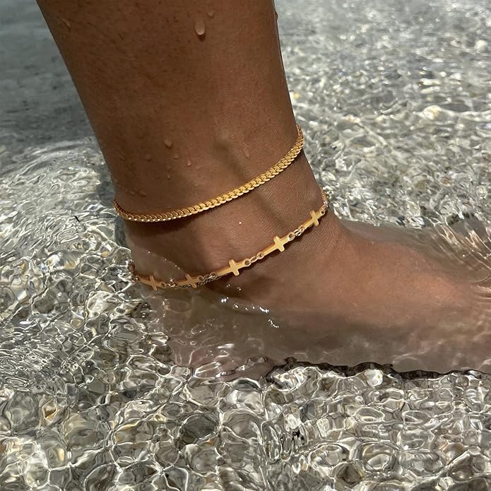 Sterling Silver Anklet Bracelets for Women Waterproof, 925 Sliver Plated CZ & Heart Charm Dainty Layer Anklets for Women Trendy, Simple Chain Anklets Set Gifts for Women, Jewelry Gifts for Her Women Mom Wife Girlfriend