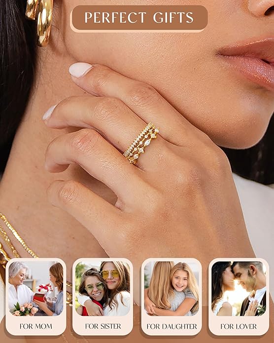 FUNEIA Stackable Silver Gold Rings for Women Non Tarnish 14K Gold Plated Thumb Cubic Zirconia Rings for Women Dainty Pinky Promise Wedding Ring Set Women's Engagement Eternity Band Rings Gold Jewelry