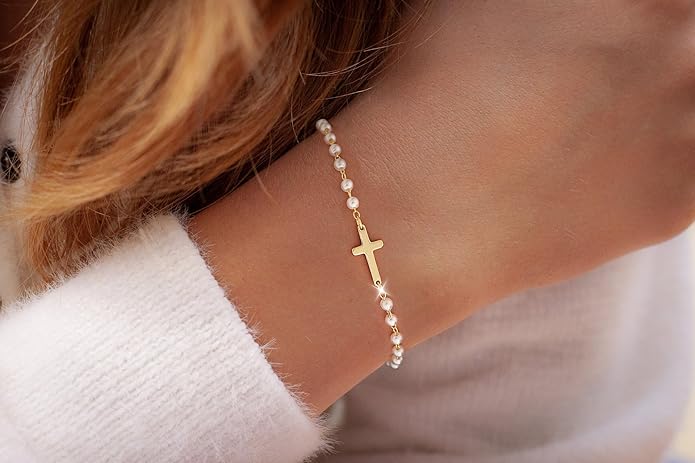 Moodear Christmas Gifts Sotcking Stuffers, Dainty 925 Sterling Silver/14k Gold Plated CZ Cross Bracelet Layered Snake Pearl Chain Knot Bracelets for Women Trendy Religious Christian Jewelry