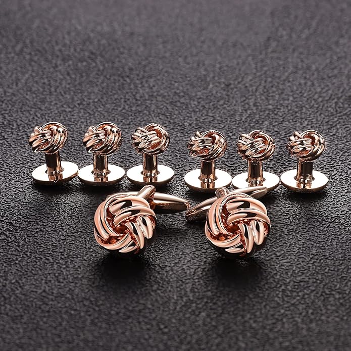 HAWSON Knot Cufflinks and Shirt Studs for Men in Gold or Silver Tone, Matching with White and Black Tuxedo, Suitable for Wedding Day or Formal Occasion.