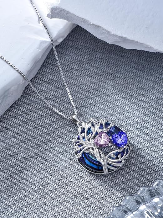 TOUPOP s925 Sterling Silver Family Celtic Tree of Life Pendant Necklaces with 2 Heart Birthstone with Blue Austrian Crystal Jewelry Birthday Anniversary Christmas Gifts for Her Wife Girlfriend Mom (18K Real White Gold Filled)