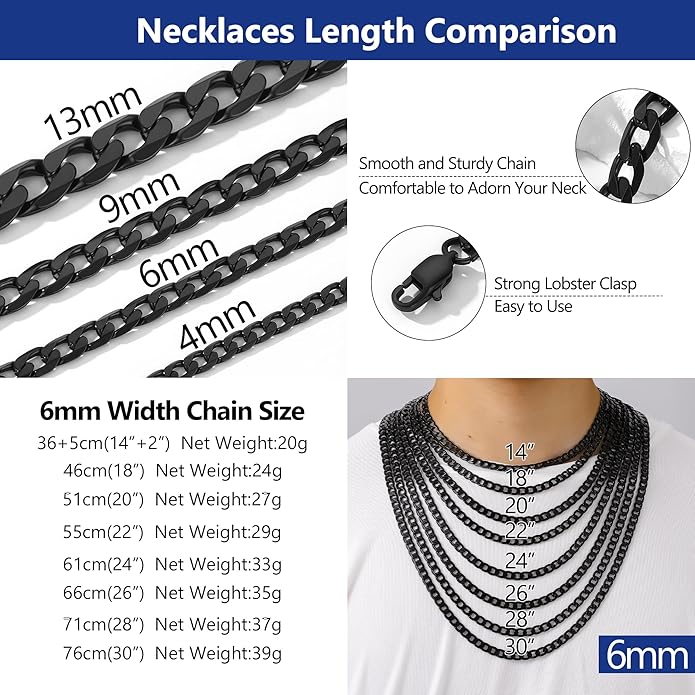 PROSTEEL 316L Stainless Steel Cuban Link Chain Necklaces for Men, Black/18K Gold Plated, Hypoallergenic Jewelry, 4mm-13mm, 14"-30", Come with Box