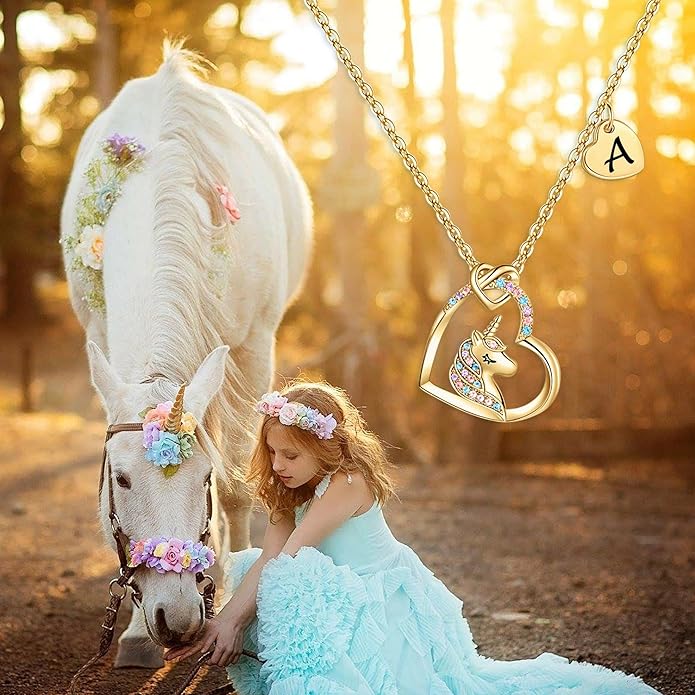 Hidepoo Unicorn Necklace Gifts for Girls - Colorful CZ Heart Pendant Initial Unicorns Necklaces for Teens Little Girls Jewelry Birthday Gift for Girl Daughter Granddaughter Niece
