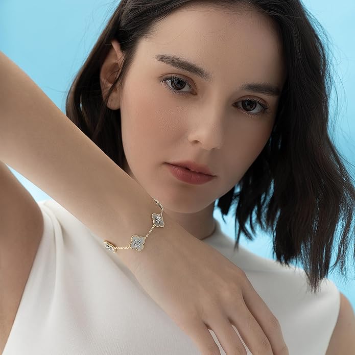 Fydesta 18K Gold Plated Clover Bracelet, Mother of Pearl Four Leaf Flower Bracelet for Women, 6.9" + 2" Adjustable Bracelet, Cross Motif, Gold or Silver Tone