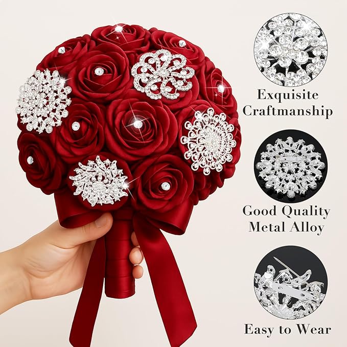 kilofly 4pc Rhinestone Wedding Crystal Floral Bouquet Brooch + 100pc Pins + Gift Bag